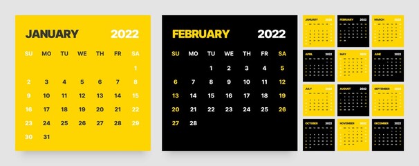 Monthly calendar template for 2022 year. Week Starts on Sunday. Wall calendar in a minimalist style. Square shape.