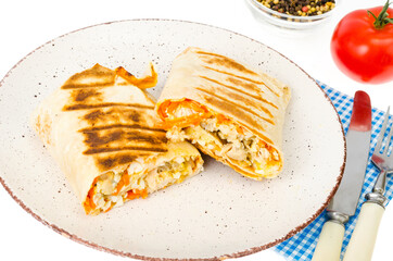 Shawarma, pita, tortilla with chicken and spicy carrots.