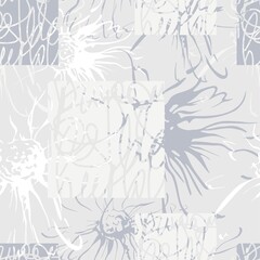 Seamless pattern with flowers and doodles. A pale background.
