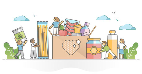 Food drive grocery donation as charity product share for poor outline concept