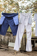 Clothes are drying on a rope in the yard. Shorts and tracksuit pants. The view from the front against the background of vegetation.