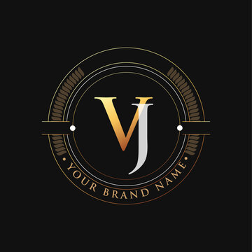 initial letter logo VJ gold and white color, with stamp and circle object, Vector logo design template elements for your business or company identity.