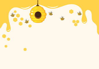Honeycomb with hexagon grid cells and bee cartoon on white  background vector.