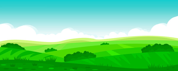Obraz na płótnie Canvas Vector illustration of beautiful summer fields landscape, green hills, bright color blue sky, country. Background in flat cartoon style, banner.