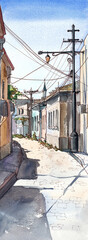 Fototapeta na wymiar City landscape. Street of the old city with a lamppost, wires between houses. Watercolor, summer sunny day.