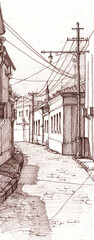 City landscape. Street of the old city with a lamppost, wires between houses. Drawing by pen, liner, graphics on a white background. 