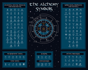 collection of alchemical symbols on dark background - obrazy, fototapety, plakaty