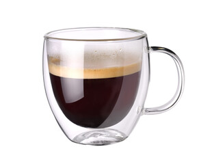 Transparent double wall glass of espresso coffee isolated on white background..