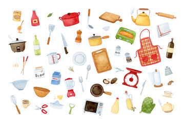 Big collection of kitchen tools. Salt and pepper, pots, aprons, mittens, plates, various symbols. Hand painted watercolor on white clip art graphic elements for printable decoration.