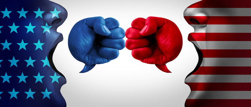 American Crisis And United States Debate Or US Social Issues Argument And Political War As A Culture Conflict With Two Opposing Sides As Conservative And Liberal Political Dispute And Ideology