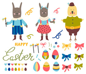 A large vector set for Easter. Easter characters-rabbits, chicken. Various festive elements: decorated Easter eggs, ribbons, bows, flowers, hearts. Happy Easter lettering.