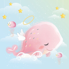 Angelic Pink Whale Flying in the Sky