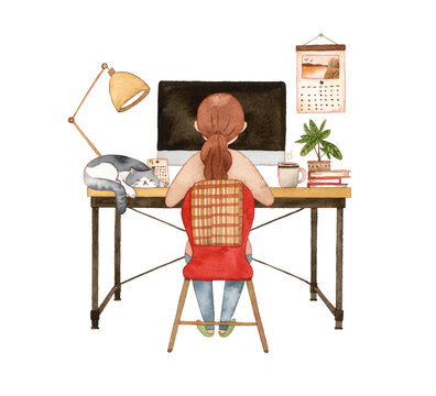 Women heading for a computer. Hand painted watercolor.