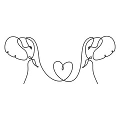 Continuous line drawing of two elephants silhouette with heart love symbols. Wedding, Valentine day, Hug day, family, friendship card design concept. Logo of the elephants with hearts