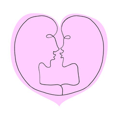 Abstract kiss, a couple of lovers, inscribed in a big heart. We're connected. Line art, doodle, vector. For ad poster or card print, t-shirt, wedding, Valentines Day, february 14