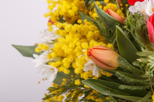Floral arrangement with mimosa and animons on gray background 