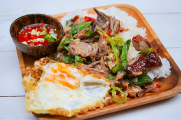 Stir fried duck with chilli and basil, Thai spicy food