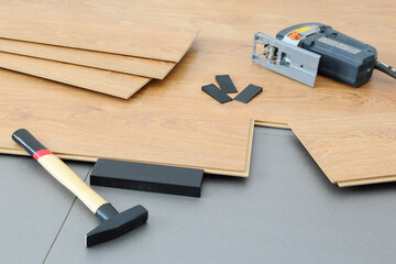 Laminate on a gray base and accessories for its installation