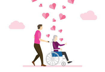 volunteers man help elder people use wheelchair