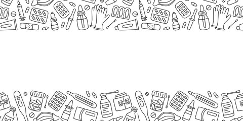 Meds, drugs, pills, bottles and health care medical elements. Vector illustration in doodle style on white background
