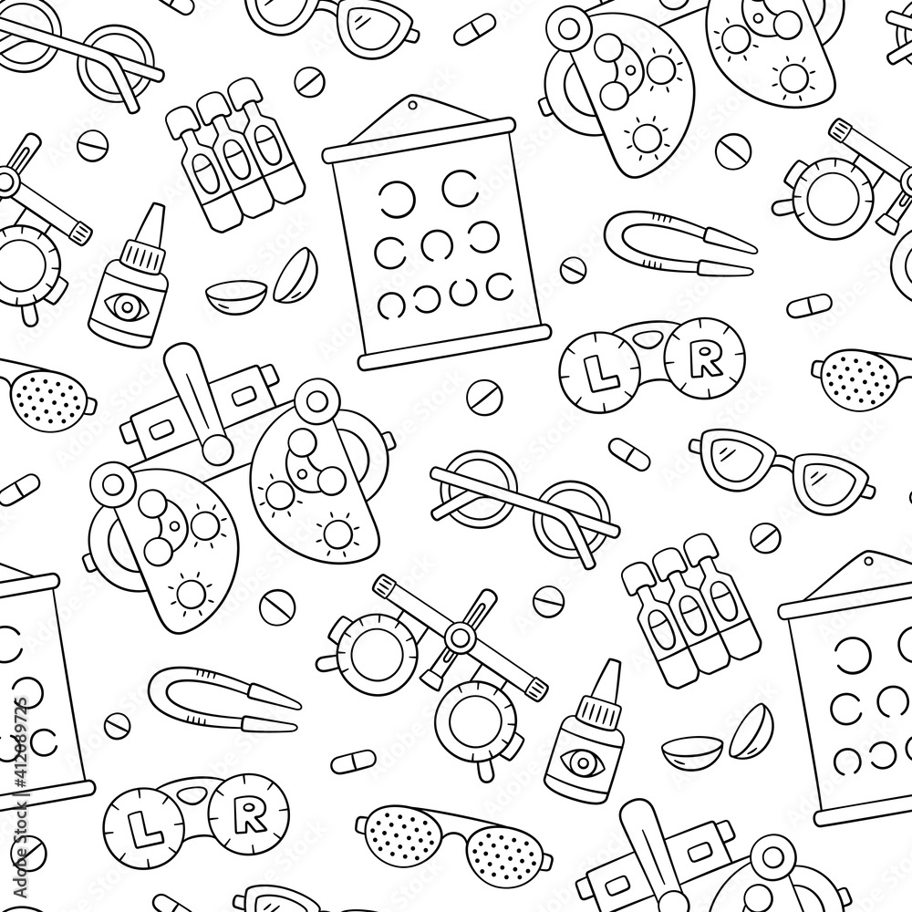 Wall mural Ophthalmology hand drawn seamless pattern. Contact lens, glasses, phoropter and more. Optometry doodle objects. Vector illustration on white background