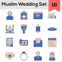 Fototapeta premium Colorful Muslim Wedding Icon Set On White Background.