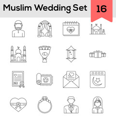 Fototapeta na wymiar Black Line Art Muslim Wedding Icon Set On White Background.