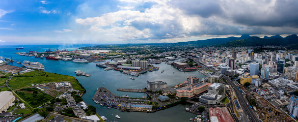 Aerial view, city view of Port Louis with harbor, old town and financial district, Mauritius - obrazy, fototapety, plakaty