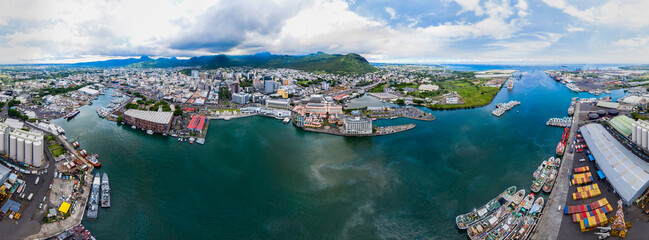 Aerial view, city view of Port Louis with harbor, old town and financial district, Mauritius - obrazy, fototapety, plakaty