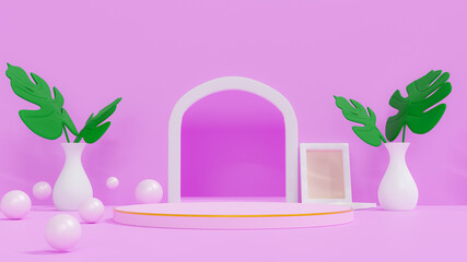 3d illustration rendering. A pink podium on the pink scene for placing products fashion cosmetics. The Monstera palm leaves in the white vase and the pink pearls.