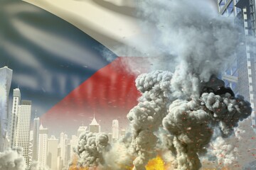 big smoke column with fire in the modern city - concept of industrial disaster or act of terror on Czechia flag background, industrial 3D illustration