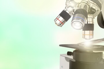 vaccine discovery concept, object 3D illustration -  laboratory electronic scientific microscope with flare on bokeh background