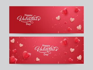 Happy Valentine's Day Font With Glossy Hearts And Confetti Decorated Red Background In Two Options.