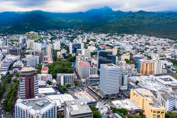 Aerial view, city view of Port Louis with harbor, old town and financial district, Mauritius