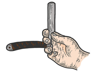 Straight razor in hand. Sketch color scratch board imitation.