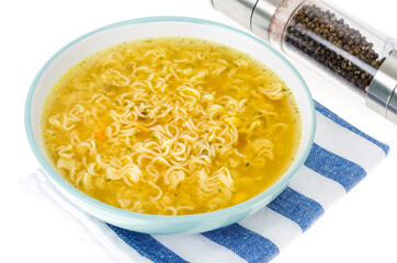 Broth with dry instant noodle. Photo Studio