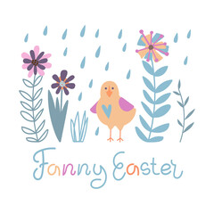 Vector illustration on the theme of Easter in pastel colors. Colored hares with a basket of flowers and the inscription Hello Easter. Poster, postcard, congratulations.