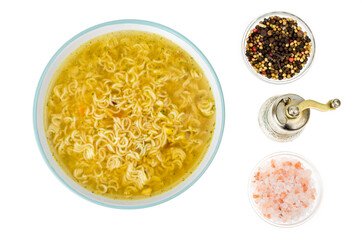 Broth with dry instant noodle. Photo Studio