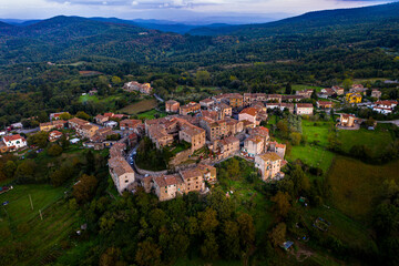 Aerial view, mountain village, Torniella, Piloni, Province of Grosseto, Region of Siena, Tuscany, Italy