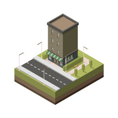 Isometric house. Vector isometric element representing apartment house with little store on the first floor near the road. Block. City element.