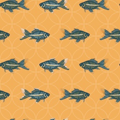 Vector geometric hand drawn gold fishes seamless pattern print background.
