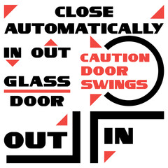 Glass door stickers.
Directions of movement, a combination of words with graphic elements, two-color, flat image.