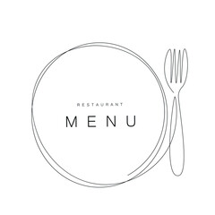 Menu restaurant background with plate and fork line drawing, vector illustration