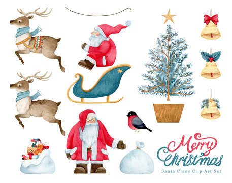 Big collection of Santa Claus. Santa, Christmas tree, gifts, reindeer and various symbols. Hand-painted watercolor on white clip art graphic elements for printable decoration.