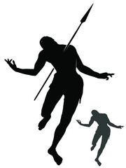 The black silhouette of a skinny, almost naked native shot through the back with a spear, he is about to fall in a dramatic pose. 2d illustration
