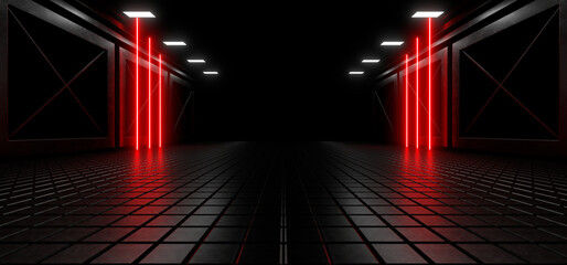 Sci Fy neon lamps in a dark tunnel. Reflections on the floor and walls. 3d rendering image.