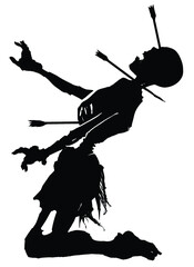 The black silhouette of a zombie skeleton pierced through by three arrows in the throat eye and chest, its spine and ribs are visible through. 2d illustration