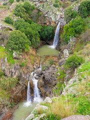 Waterfall with Rain and Snow waters plummeting down the stream, surrounded by lush green nature,...