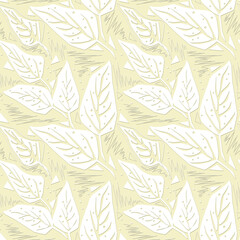 Seamless simple pastel pattern. White leaves on a light yellow background.