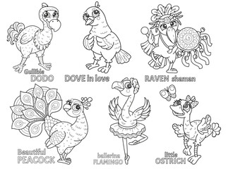 A set of children's coloring pages with birds